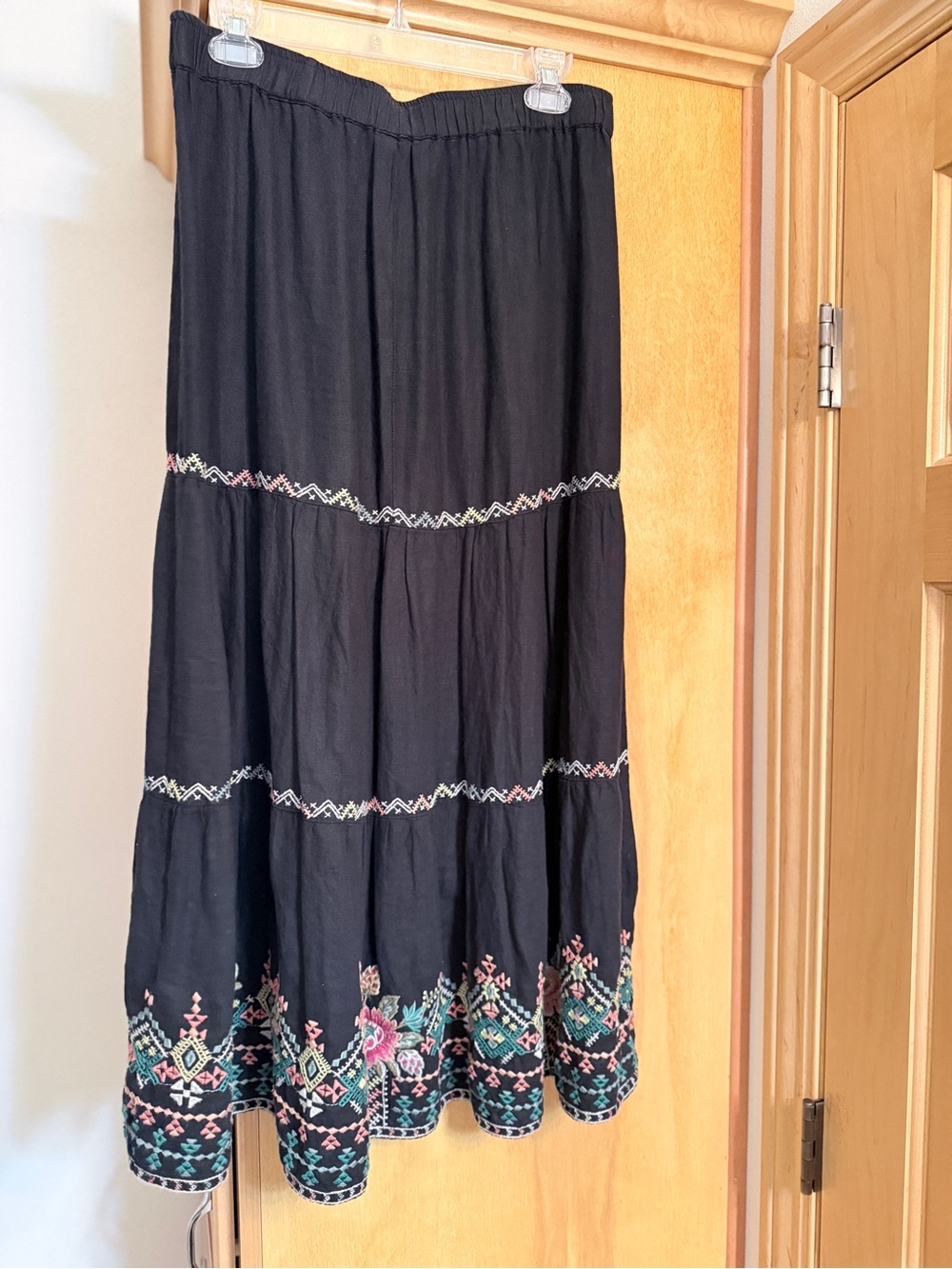 Johnny Was Black Maxi Skirt with Multicolor Embroidered Hem